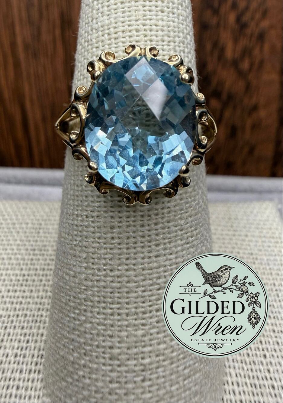 10K Gold Blue Topaz Ring Size 7 Large Cushion Cut Ornate Fancy Setting